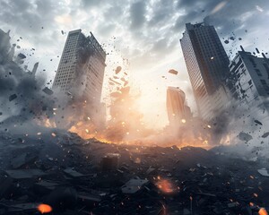 Massive Destructive Earthquake Toppling Towering Buildings and Splitting the Ground in an Apocalyptic Cityscape