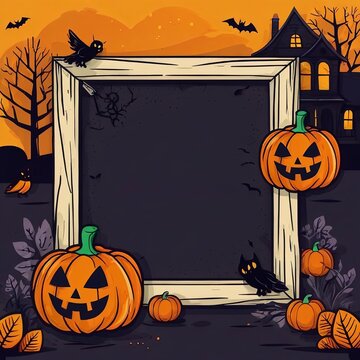 Poster for Halloween with pumpkins and bats on it.