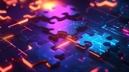 Bright neon puzzle pieces connecting on a futuristic digital interface, symbolizing API integration