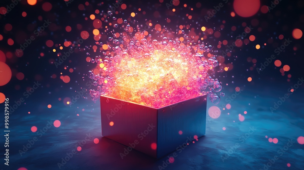Poster a vibrant explosion of colorful particles emerging from a black box, creating a dynamic and mesmeriz