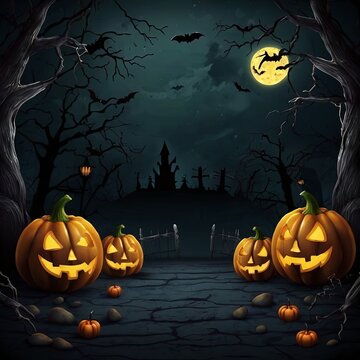 Poster for Halloween with pumpkins and bats on it.