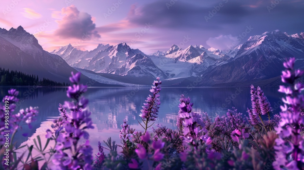 Poster a beautiful mountain range with a lake in the foreground