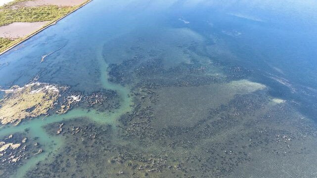 Aerial hovers low over the unique underwater structures formed by salt pans evaporating and the crystallisation of sodium chloride from sea water. Bright blue and aqua waters in the sub tropics.