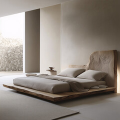 A minimalist bedroom with a low-profile platform bed, featuring neutral-colored bedding and a single decorative pillow. Clean lines and natural light filling the room