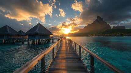 Sunset view from a wooden bridge to thatched bungalows over turquoise waters with a mountain backdrop.