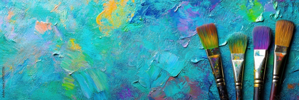 Aufkleber Bright splashes of color from a paint palette and paintbrushes lie on an abstract canvas, inviting imaginative artistry and creativity. Generative AI