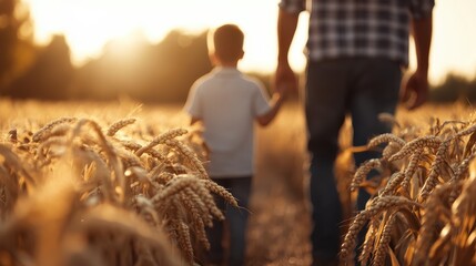 The image captures a father and son holding hands and walking through a golden wheat field at sunset, symbolizing family bonding, warmth, and togetherness in nature.