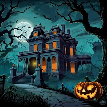 Poster for Halloween with pumpkins and bats on it.