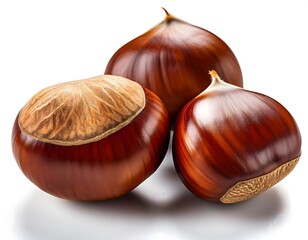 Obraz premium Autumn - Fresh chestnut fruits, Castanea, Horse Chestnut (Aesculus hippocastanum) on white background