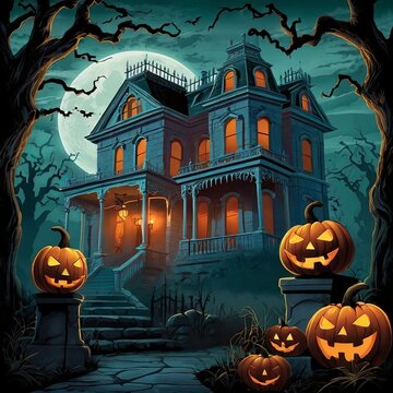 Poster for Halloween with pumpkins and bats on it.