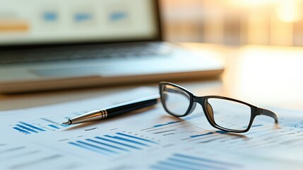 Fototapeta premium Clean workspace with a financial report, pen, and glasses neatly placed on a desk under soft lighting.