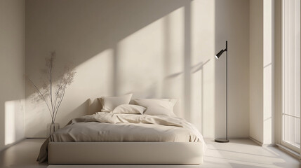 A minimalist bedroom with neutral bedding, a modern bed frame, and a single floor lamp. The uncluttered room is defined by simplicity and calming light