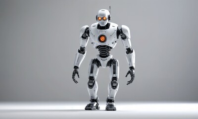 A white robot is currently standing upright on a white surface