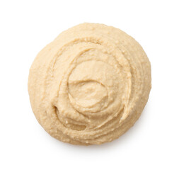 Sample of delicious hummus isolated on white, top view