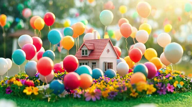 An artistic shot of a mini house model surrounded by colorful balloons, representing the celebration and joy of buying or selling real estate	