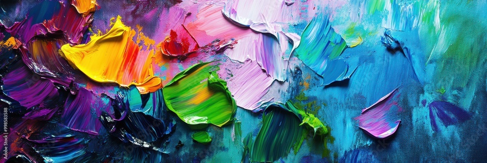 Leinwandbilder Bright splashes of color decorate a painter's palette while paintbrushes create abstract strokes on a blank canvas. Generative AI