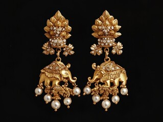 Naklejka premium A pair of gold Lakshmi earrings with intricate lotus and elephant motifs, highlighted by small diamonds and pearls, reflecting both traditional elegance and divine prosperity
