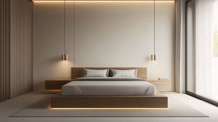 A minimalist bedroom with sleek floating nightstands, a modern platform bed, and muted earth tones. The room features no additional furniture, focusing on clean lines and simplicity