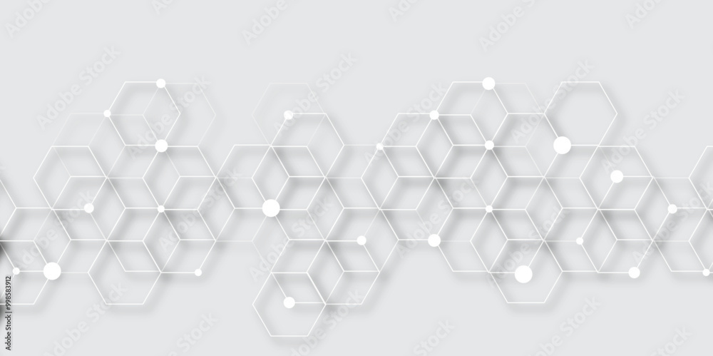 Poster Molecular structure abstract tech background. Geometric grey background. Vector banner design with hexagons. Science network pattern, connecting lines and dots Medical background, Vector illustration	