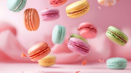 Obraz premium Cascade of rainbow-colored macarons falling through the air on soft pink background