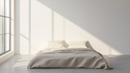 A minimalist bedroom with white, blank walls and a bed made with soft beige linens. The room is empty aside from the bed, enhancing the minimalist design