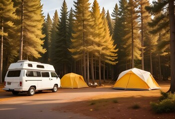 A white camper van parked next to a yellow tent in a forested area with pine trees