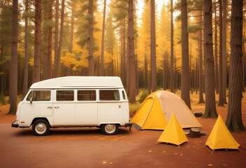 A white camper van parked next to a yellow tent in a forested area with pine trees