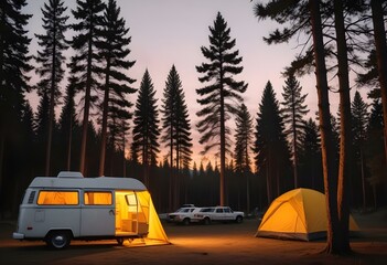 A white camper van parked next to a yellow tent in a forested area with pine trees