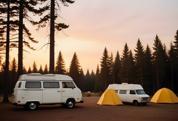 A white camper van parked next to a yellow tent in a forested area with pine trees