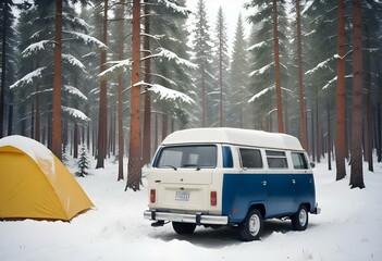 A white camper van parked next to a yellow tent in a forested area with pine trees