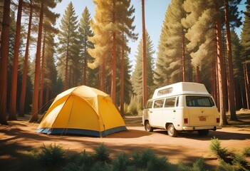 A white camper van parked next to a yellow tent in a forested area with pine trees