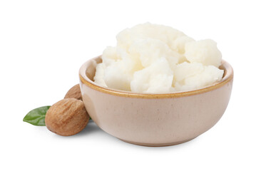 Shea butter in bowl and nuts isolated on white