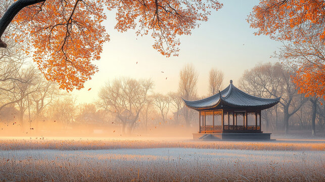 Autumn outdoor red leaves scenery and classical pavilion