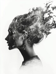 Surreal portrait merges woman's hair and smoke, creating mysterious effect.