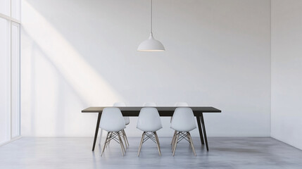 A minimalist dining area with a clean black dining table and white chairs, set against a white background. The room is styled with a single pendant light and no other decor to maintain simplicity
