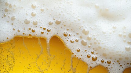 Obraz premium Close-up of cold yellow beer with a thick white foam head, highlighting its refreshing and frothy texture