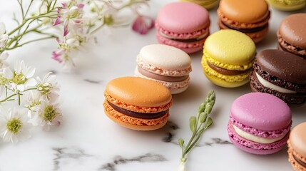 Obraz premium Close-up of colorful assorted macarons neatly arranged on a marble slab, surrounded by delicate flowers.