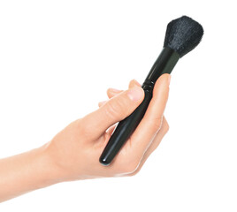 Woman hand holds black cosmetics brush, isolated on transparent background, cosmetics and visage concept