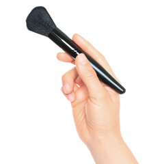 Woman hand holds black cosmetics brush, isolated on transparent background, cosmetics and visage concept