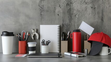 Composition of different promo products - Thermo mug, mug, gifts, pens in boxes, notebooks, tools, cap,flag table. Copy space. Grey wall background.