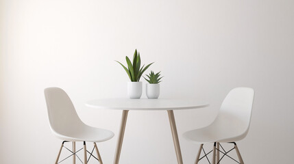 A minimalist dining area with a clean, white table and two simple, modern chairs. The background is neutral, with no decor to distract from the sleek design