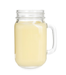 Tasty pineapple smoothie in mason jar isolated on white