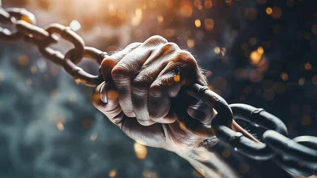 Close up hands in fists breaking a chain freedom, Gaining freedom concept	