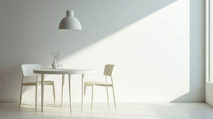 A minimalist dining area with a clean, white table and two simple, modern chairs. The background is neutral, with no decor to distract from the sleek design