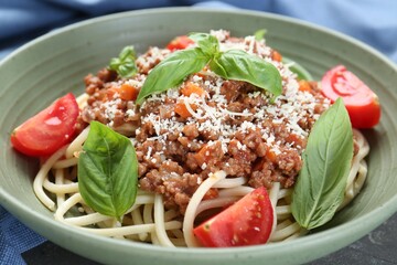 Delicious pasta bolognese with basil and tomatoes on grey table, closeup