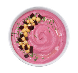 Tasty beetroot hummus and chickpeas in bowl isolated on white, top view