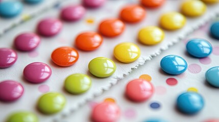 Close-up of multicolored candy buttons on a strip of paper, their cheerful dots arranged in a fun pattern
