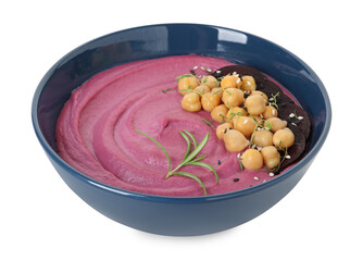 Tasty beetroot hummus and chickpeas in bowl isolated on white