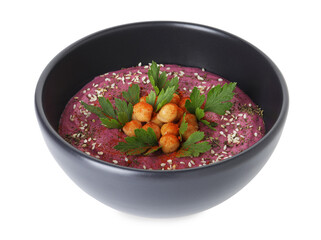 Tasty beetroot hummus and chickpeas in bowl isolated on white