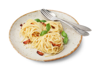 Delicious pasta with bacon and basil isolated on white